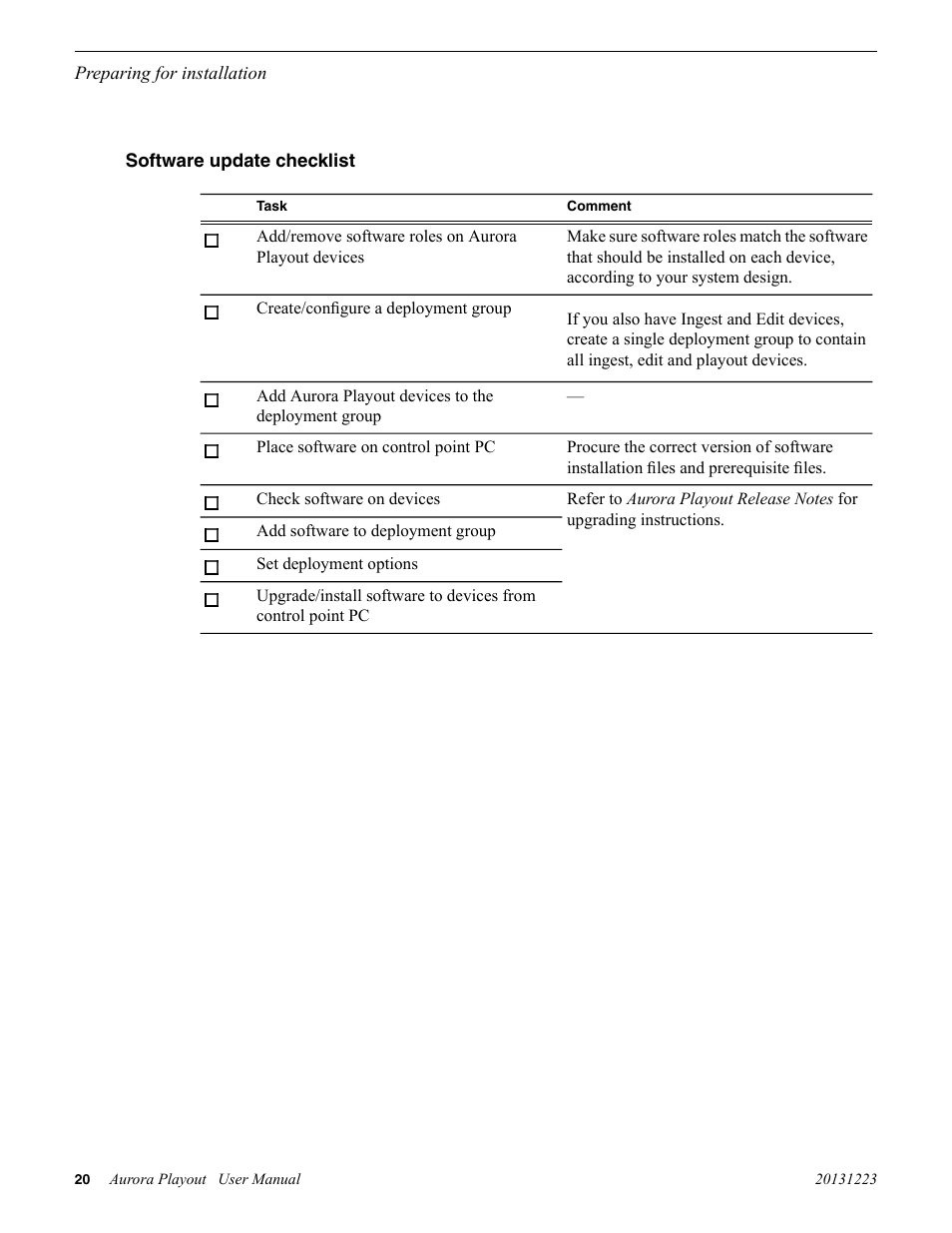 Software update checklist | Grass Valley Aurora Playout v.8.1 User Manual | Page 20 / 186