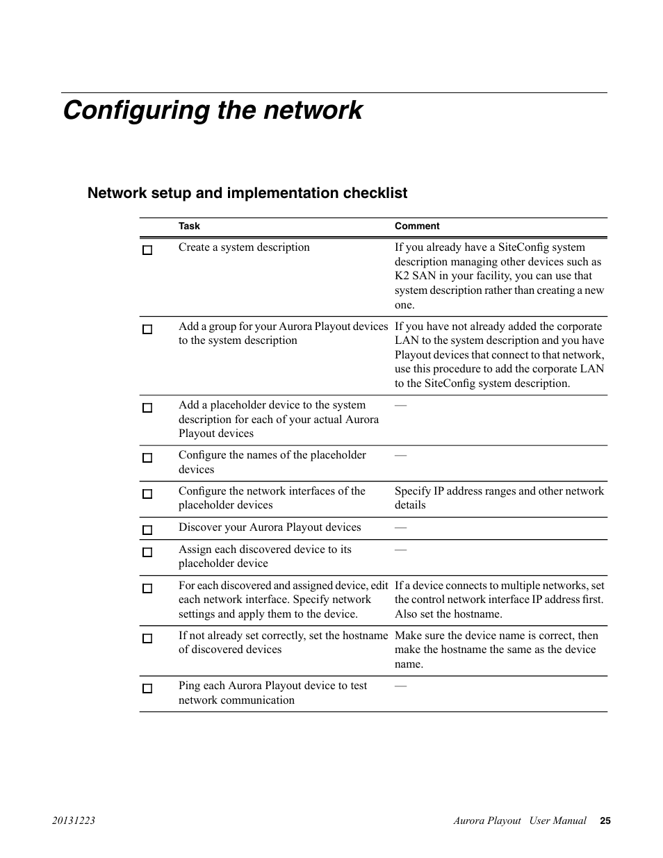 Configuring the network, Network setup and implementation checklist | Grass Valley Aurora Playout v.8.1 User Manual | Page 25 / 186