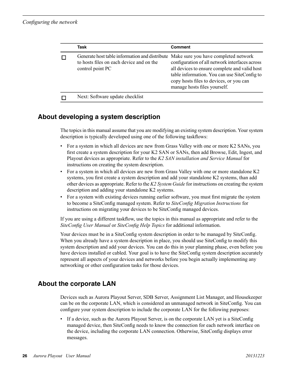 About developing a system description, About the corporate lan | Grass Valley Aurora Playout v.8.1 User Manual | Page 26 / 186