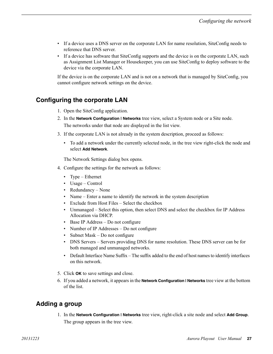 Configuring the corporate lan, Adding a group, Configuring the corporate lan adding a group | Grass Valley Aurora Playout v.8.1 User Manual | Page 27 / 186