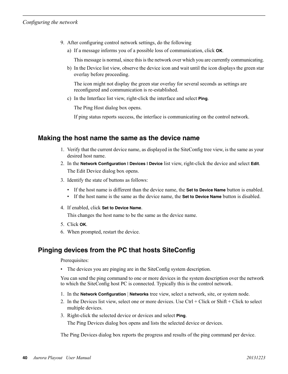Making the host name the same as the device name, Pinging devices from the pc that hosts siteconfig | Grass Valley Aurora Playout v.8.1 User Manual | Page 40 / 186