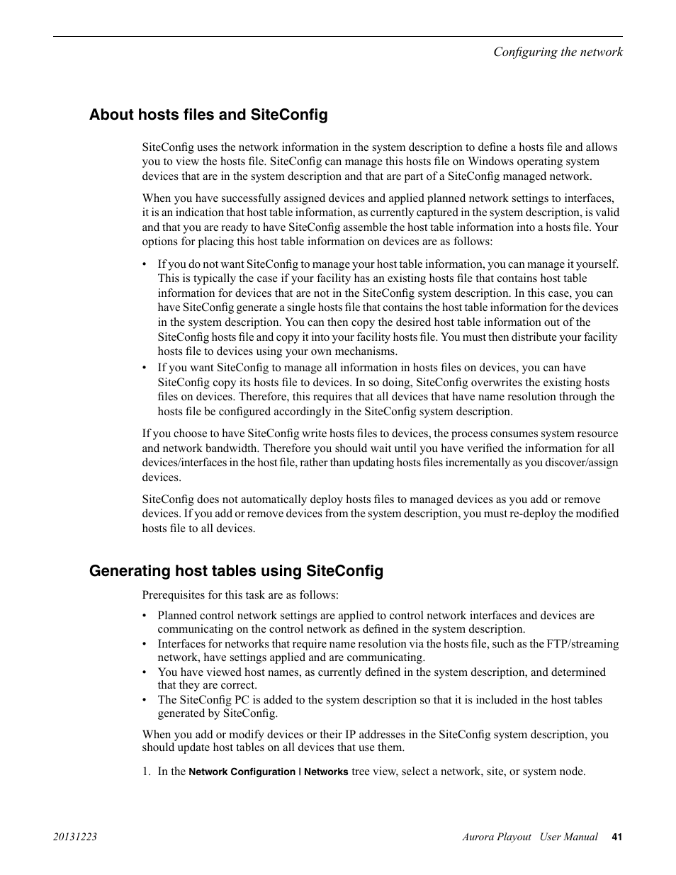 About hosts files and siteconfig, Generating host tables using siteconfig | Grass Valley Aurora Playout v.8.1 User Manual | Page 41 / 186