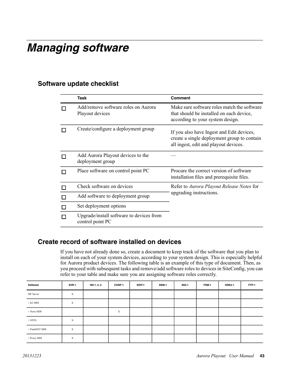 Managing software, Software update checklist, Create record of software installed on devices | Grass Valley Aurora Playout v.8.1 User Manual | Page 43 / 186