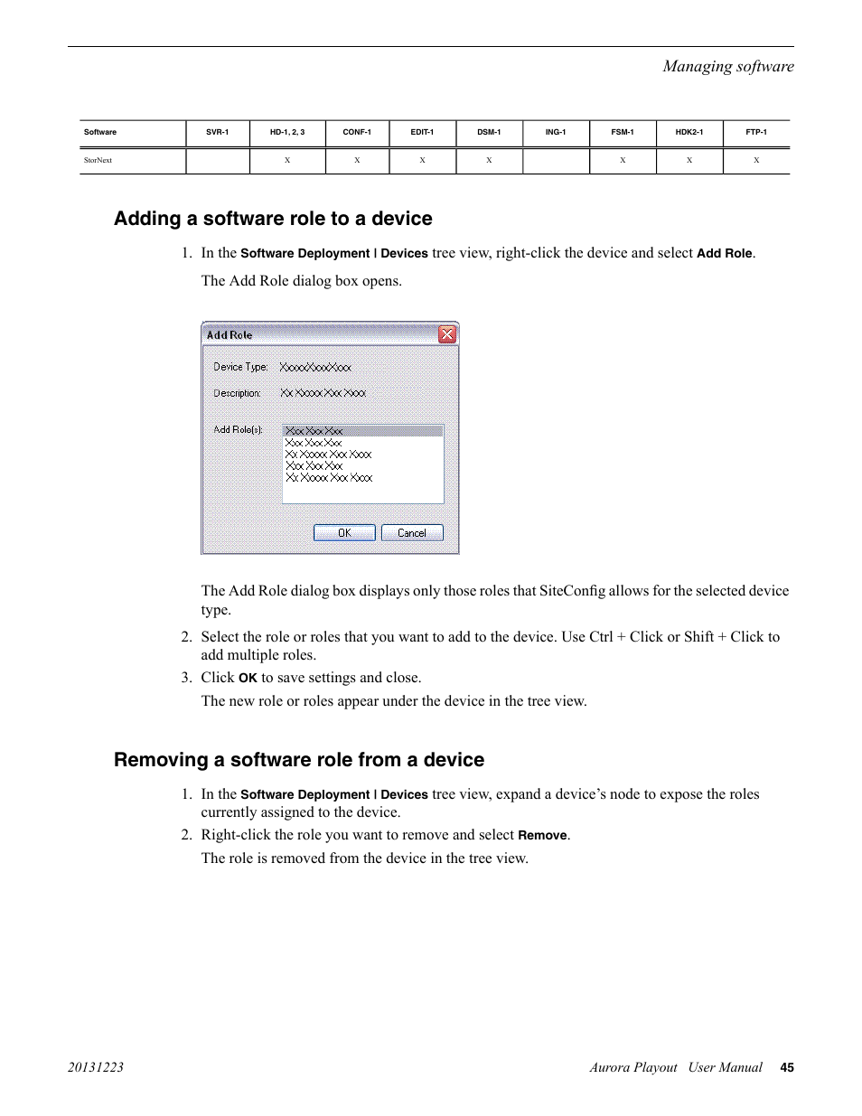 Adding a software role to a device, Removing a software role from a device, Managing software | Tree view, right-click the device and select | Grass Valley Aurora Playout v.8.1 User Manual | Page 45 / 186