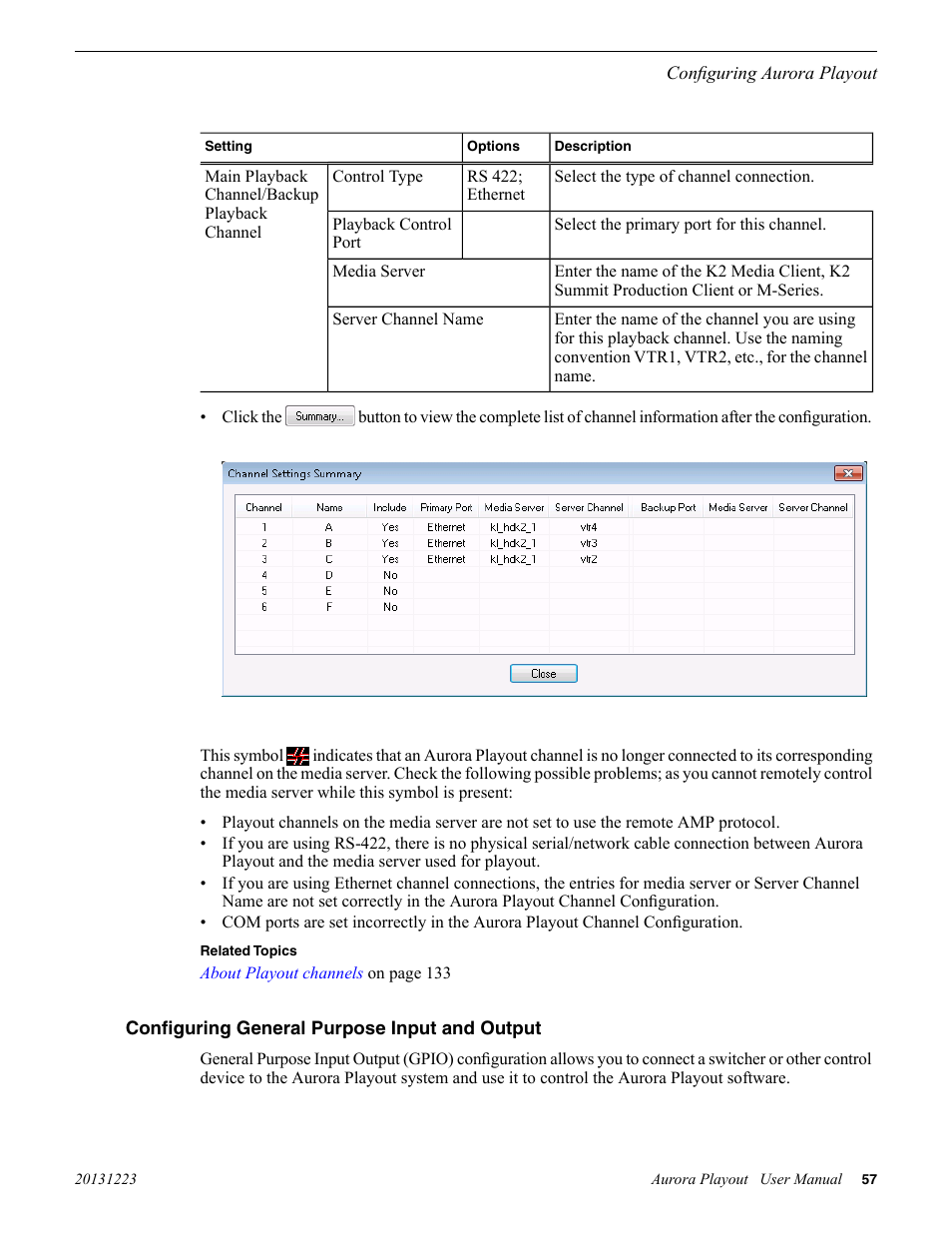 Configuring general purpose input and output | Grass Valley Aurora Playout v.8.1 User Manual | Page 57 / 186