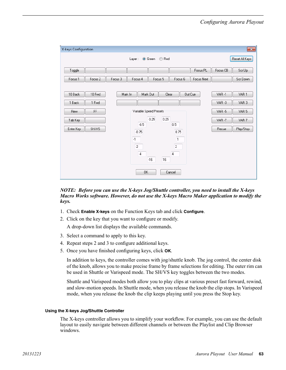 Using the x-keys jog/shuttle controller | Grass Valley Aurora Playout v.8.1 User Manual | Page 63 / 186