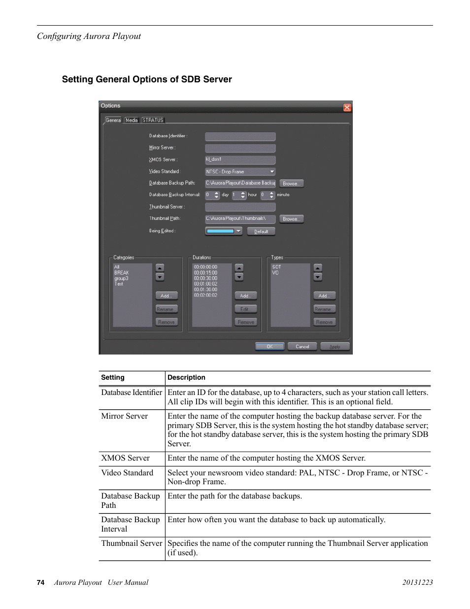 Setting general options of sdb server | Grass Valley Aurora Playout v.8.1 User Manual | Page 74 / 186