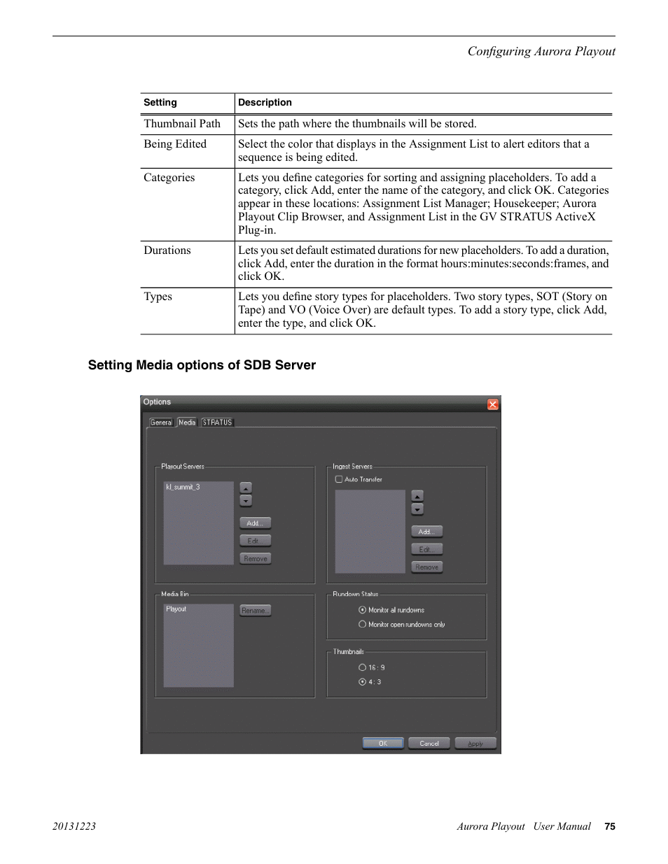 Setting media options of sdb server | Grass Valley Aurora Playout v.8.1 User Manual | Page 75 / 186