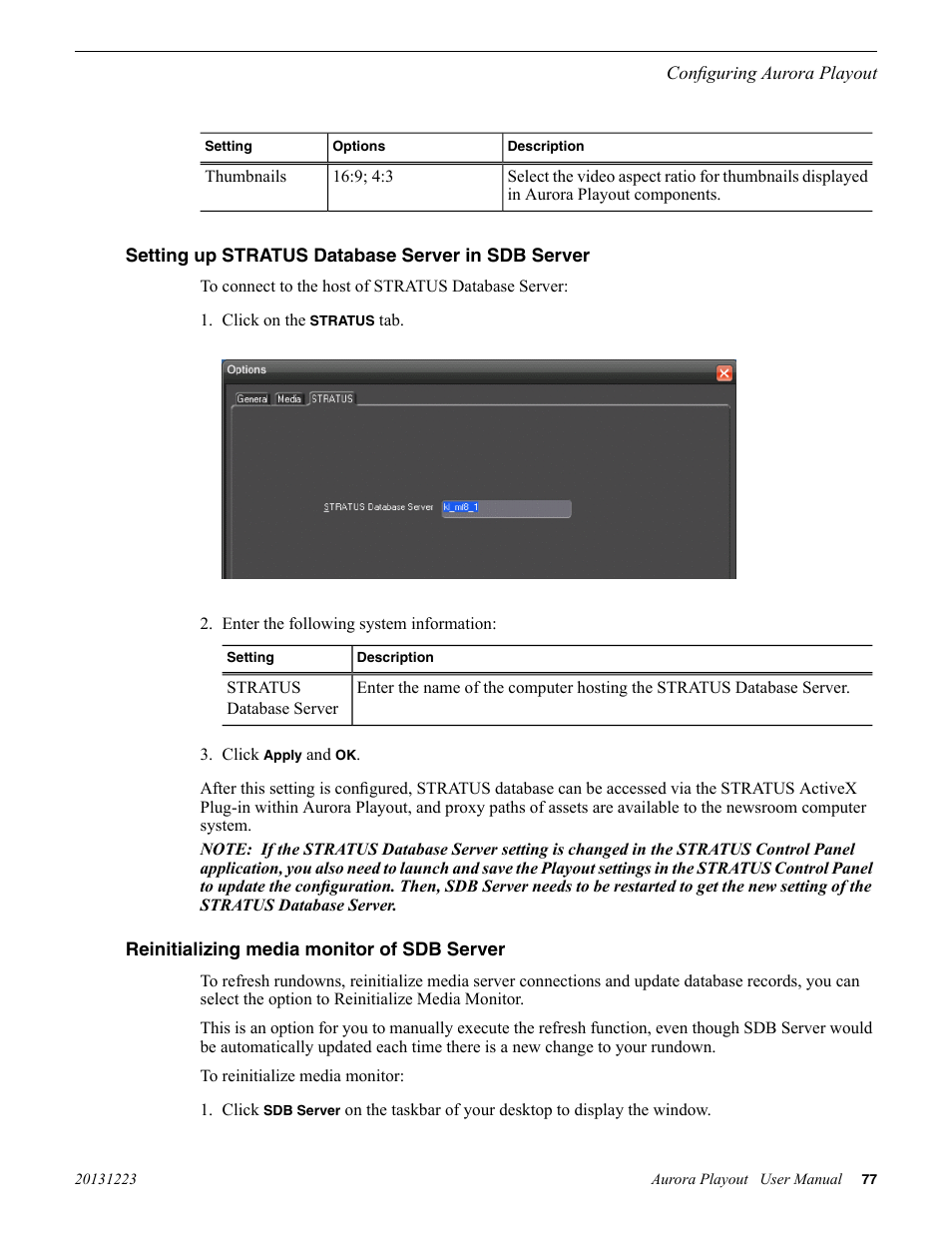 Setting up stratus database server in sdb server, Reinitializing media monitor of sdb server | Grass Valley Aurora Playout v.8.1 User Manual | Page 77 / 186