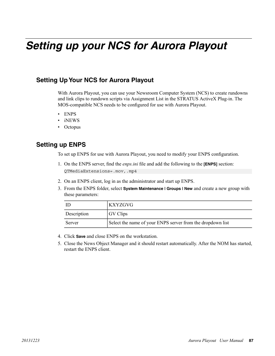 Setting up your ncs for aurora playout, Setting up enps | Grass Valley Aurora Playout v.8.1 User Manual | Page 87 / 186