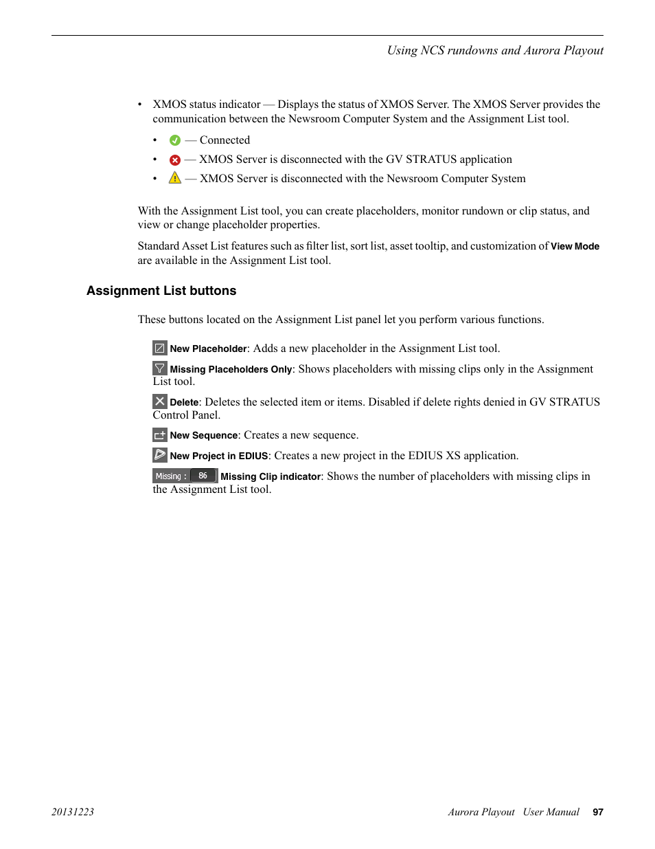 Assignment list buttons | Grass Valley Aurora Playout v.8.1 User Manual | Page 97 / 186