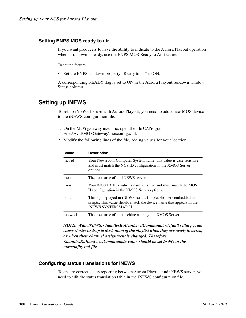 Setting enps mos ready to air, Setting up inews, Configuring status translations for inews | Grass Valley Aurora Playout v.7.0 User Manual | Page 106 / 224