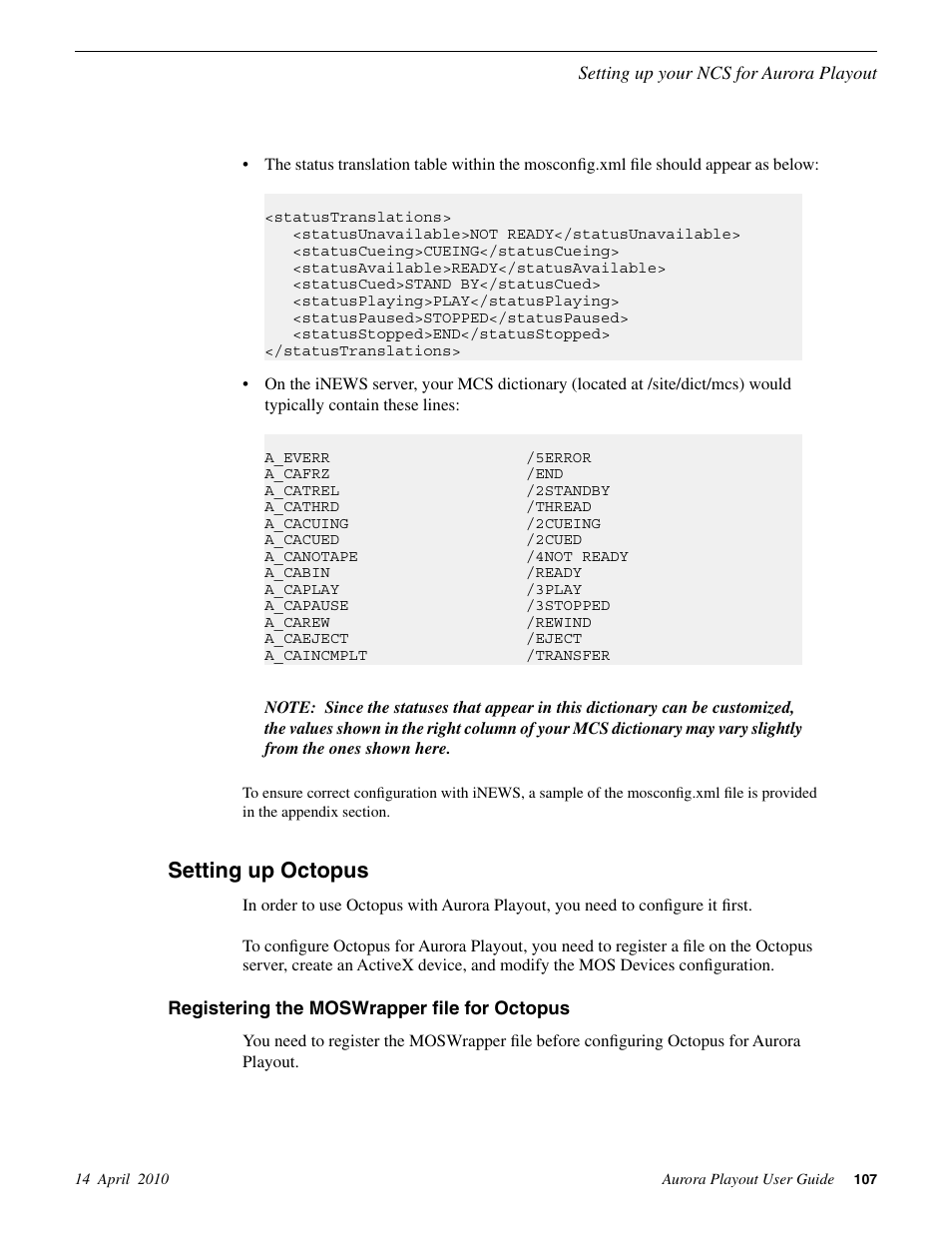 Setting up octopus, Registering the moswrapper file for octopus | Grass Valley Aurora Playout v.7.0 User Manual | Page 107 / 224