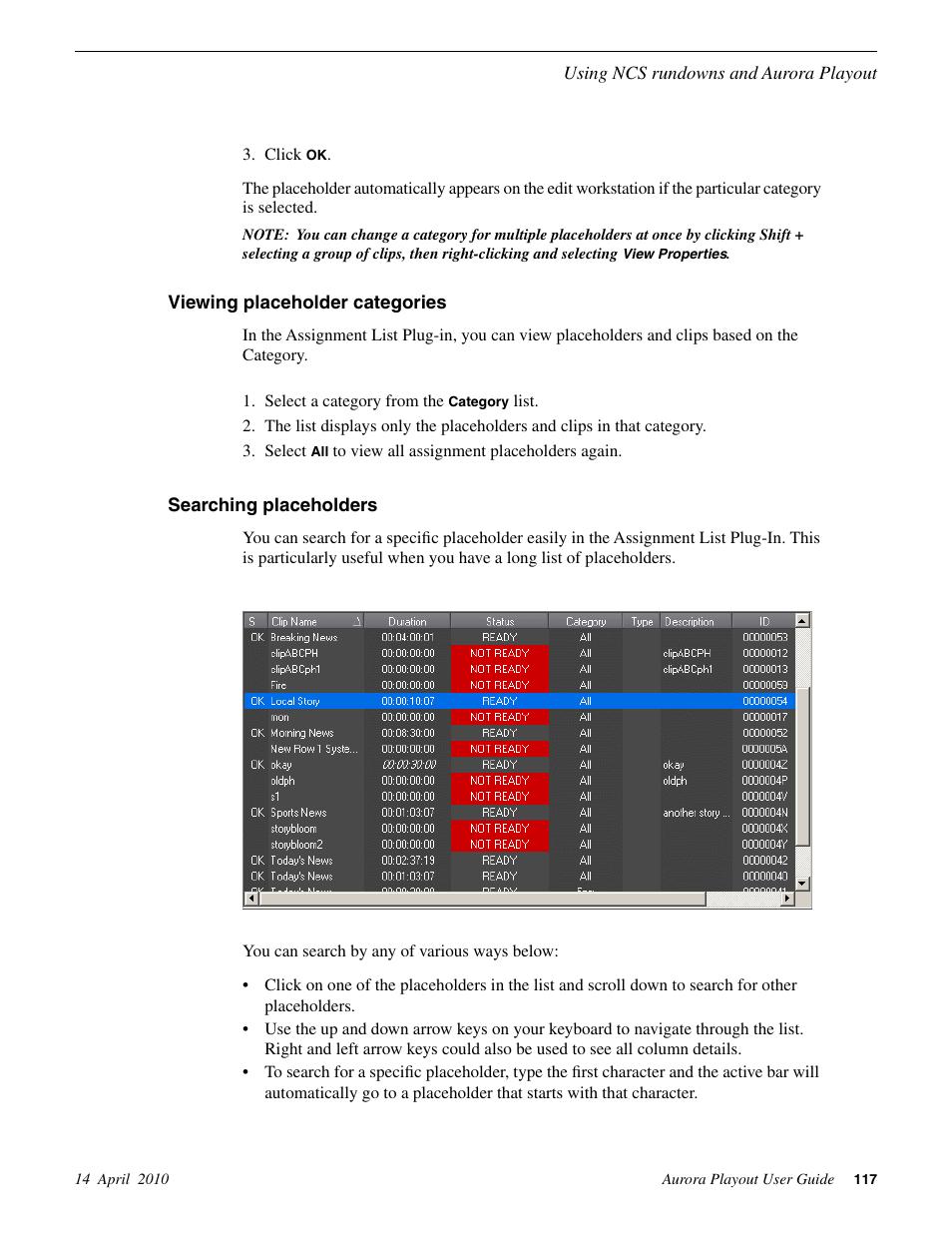 Viewing placeholder categories, Searching placeholders | Grass Valley Aurora Playout v.7.0 User Manual | Page 117 / 224