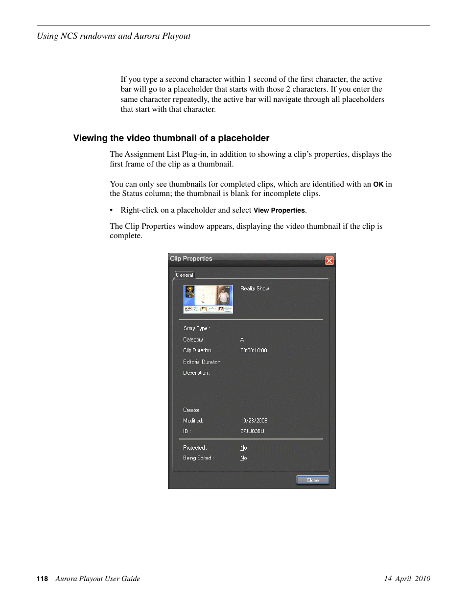 Viewing the video thumbnail of a placeholder | Grass Valley Aurora Playout v.7.0 User Manual | Page 118 / 224