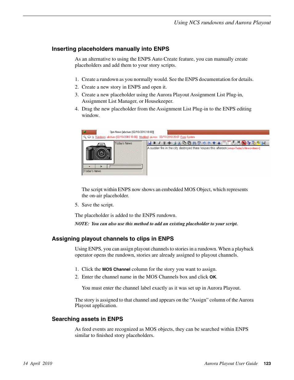 Inserting placeholders manually into enps, Assigning playout channels to clips in enps, Searching assets in enps | Grass Valley Aurora Playout v.7.0 User Manual | Page 123 / 224