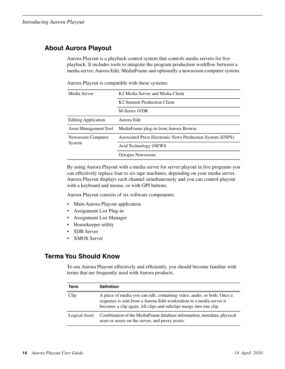 About aurora playout, Terms you should know, About aurora playout terms you should know | Grass Valley Aurora Playout v.7.0 User Manual | Page 14 / 224