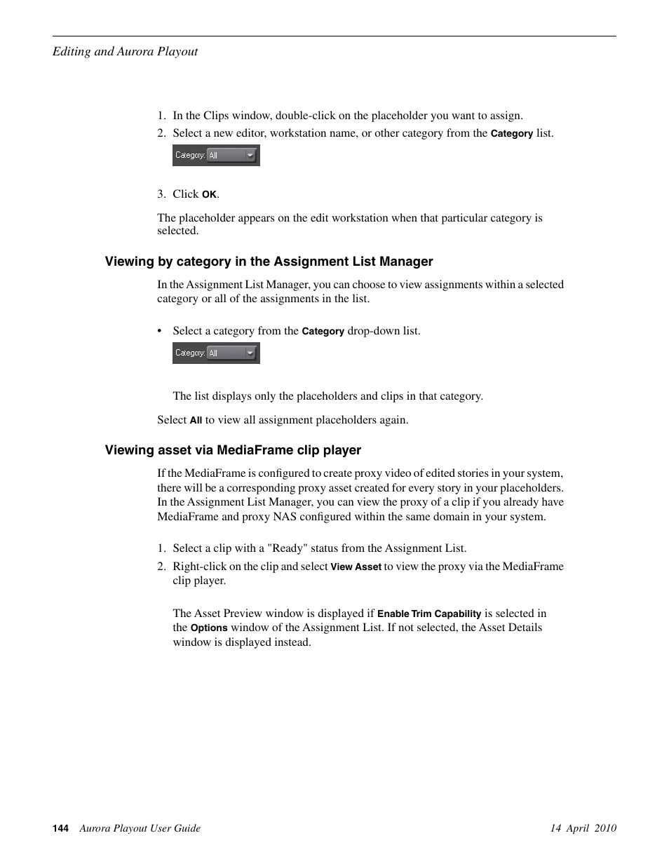 Viewing by category in the assignment list manager, Viewing asset via mediaframe clip player | Grass Valley Aurora Playout v.7.0 User Manual | Page 144 / 224