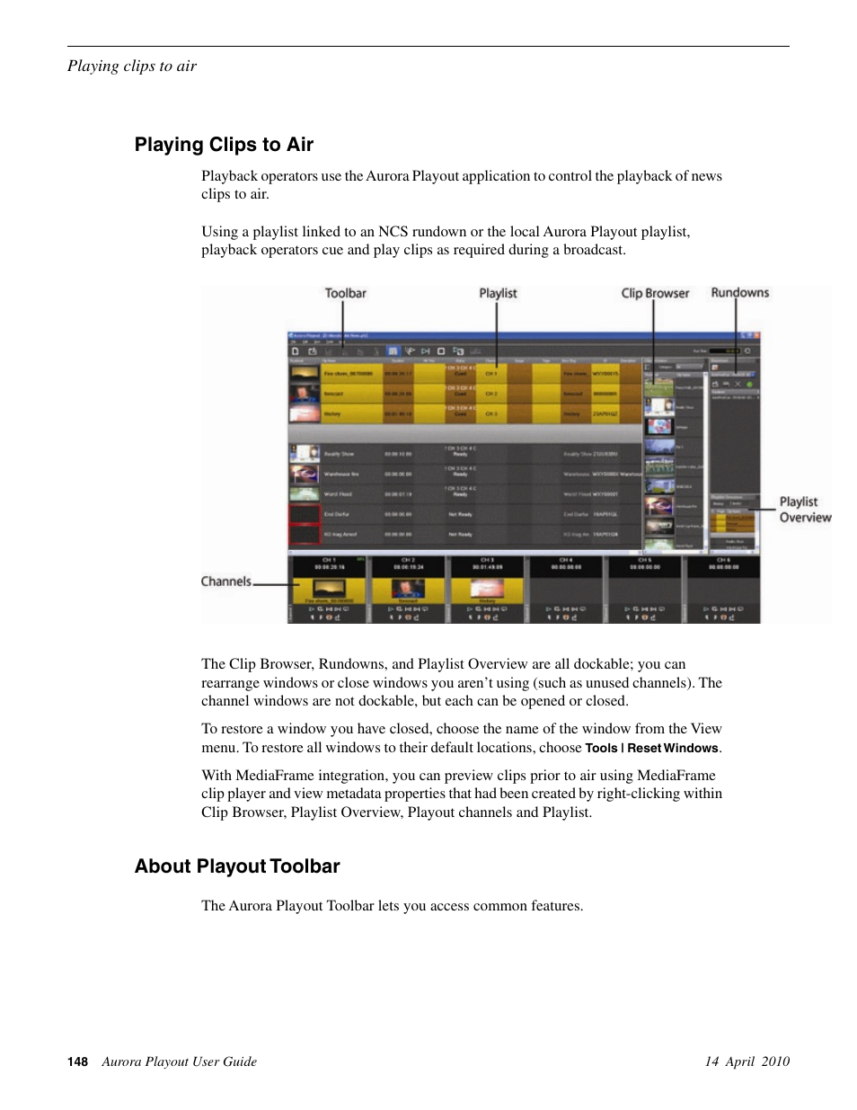 Playing clips to air, About playout toolbar, Playing clips to air about playout toolbar | Grass Valley Aurora Playout v.7.0 User Manual | Page 148 / 224