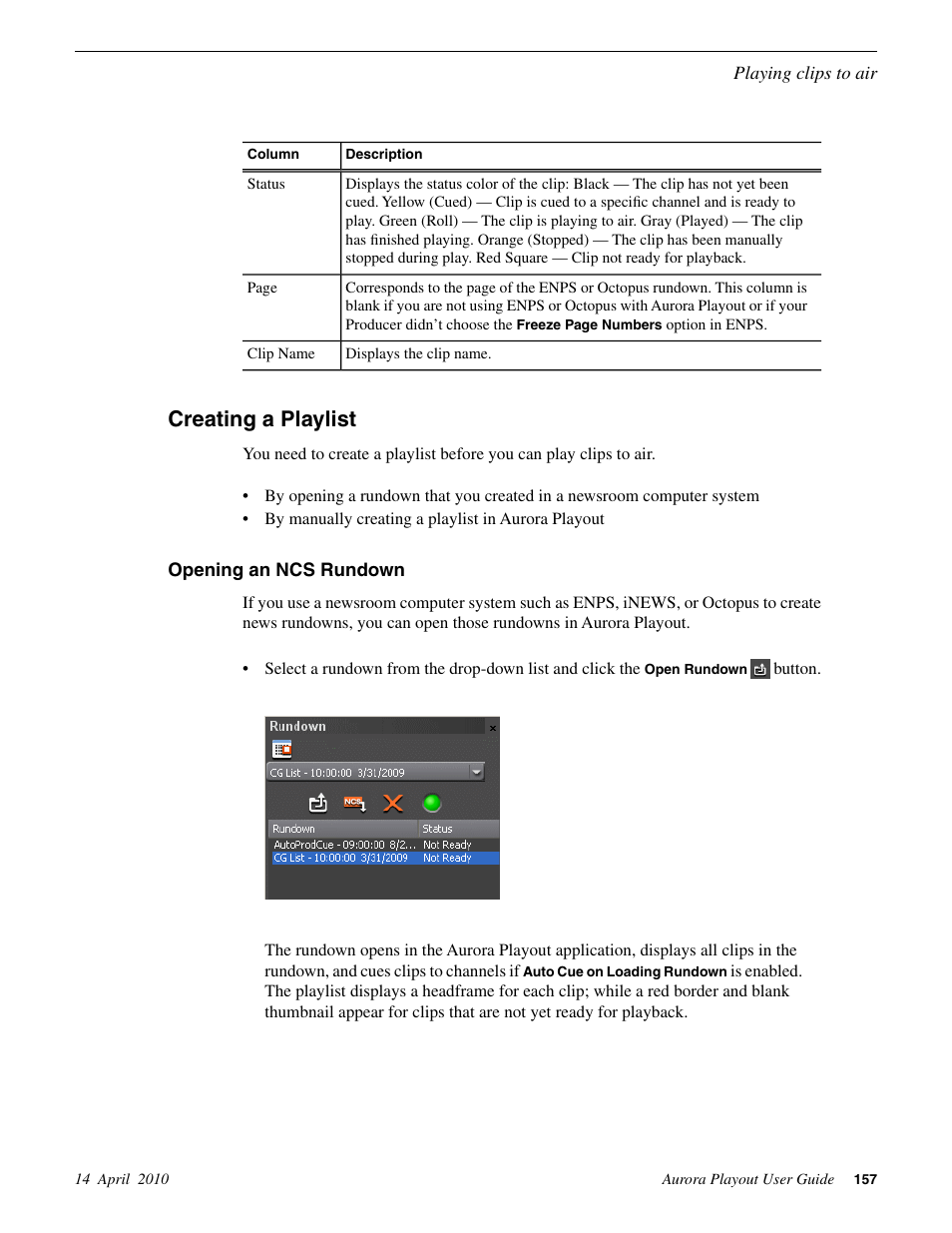 Creating a playlist, Opening an ncs rundown | Grass Valley Aurora Playout v.7.0 User Manual | Page 157 / 224