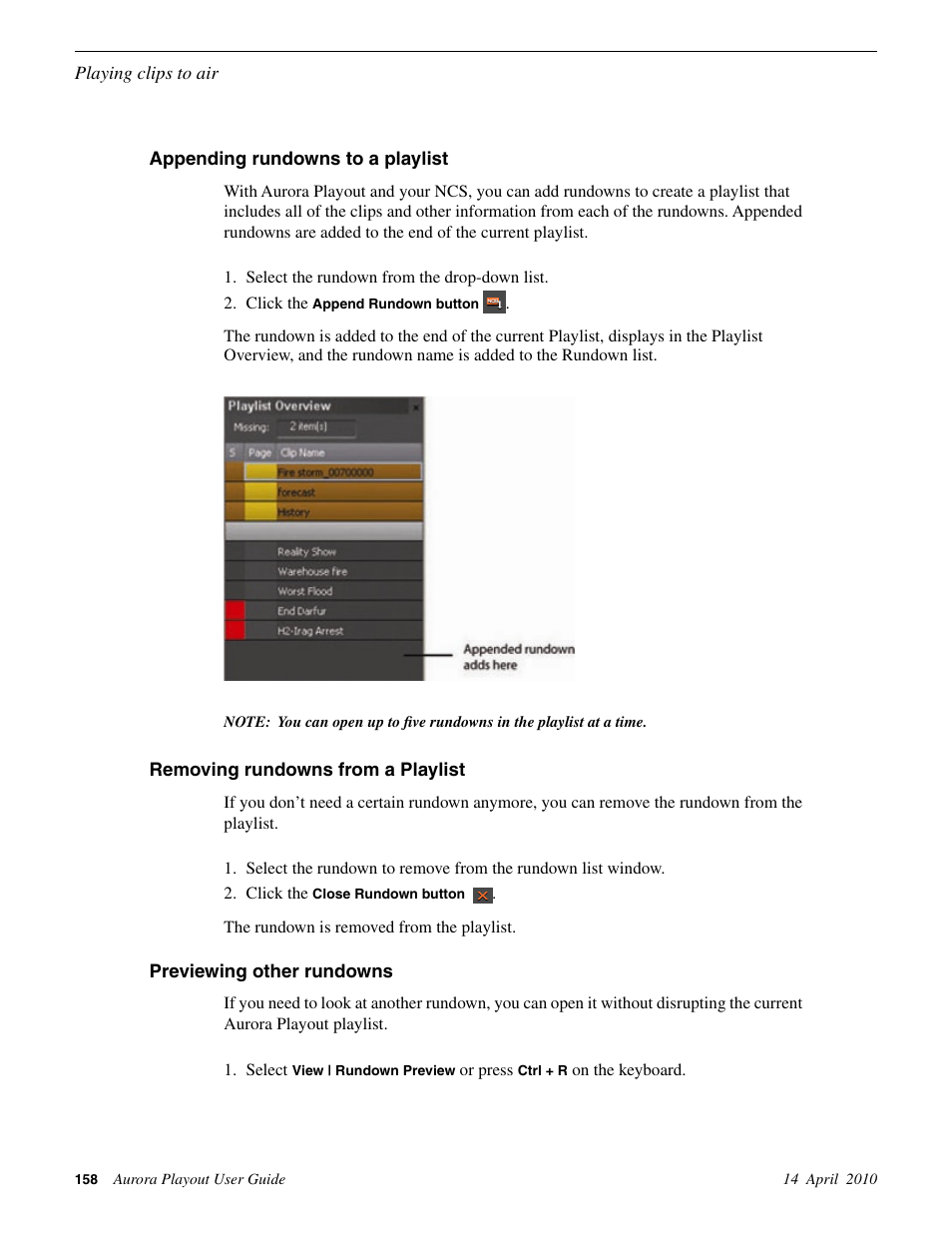 Appending rundowns to a playlist, Removing rundowns from a playlist, Previewing other rundowns | Grass Valley Aurora Playout v.7.0 User Manual | Page 158 / 224