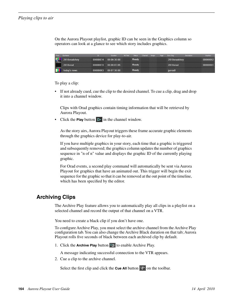 Archiving clips | Grass Valley Aurora Playout v.7.0 User Manual | Page 164 / 224