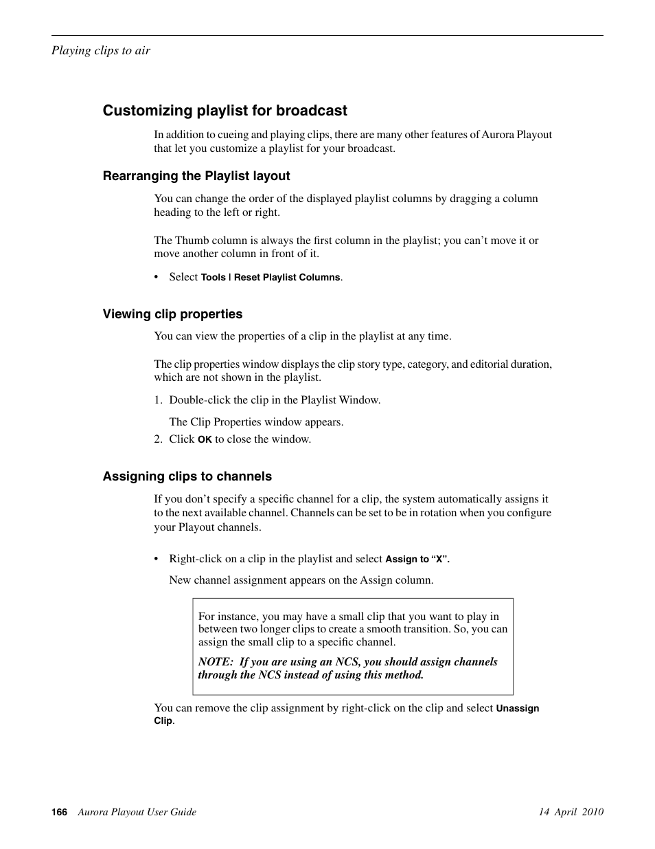 Customizing playlist for broadcast, Rearranging the playlist layout, Viewing clip properties | Assigning clips to channels | Grass Valley Aurora Playout v.7.0 User Manual | Page 166 / 224