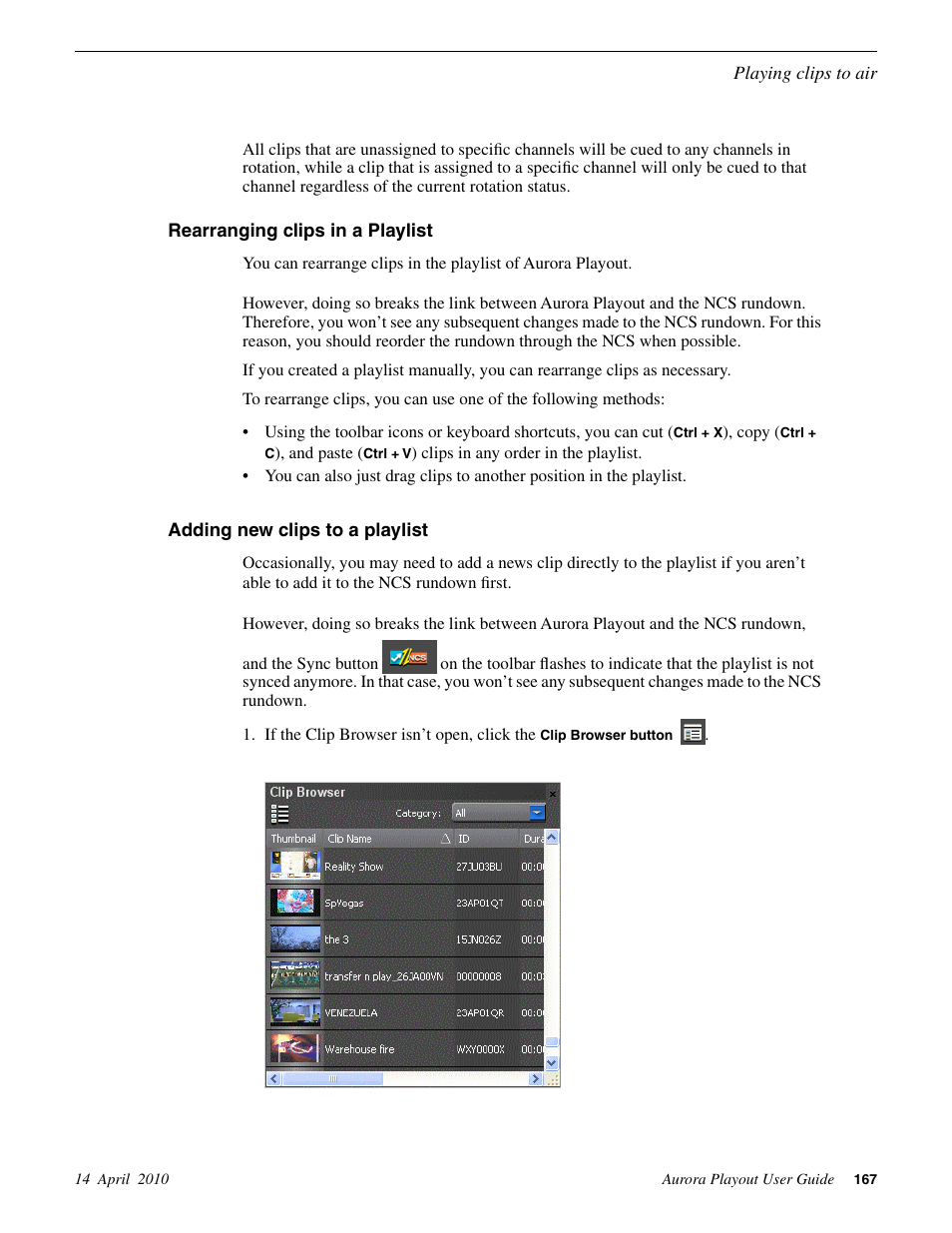 Rearranging clips in a playlist, Adding new clips to a playlist | Grass Valley Aurora Playout v.7.0 User Manual | Page 167 / 224