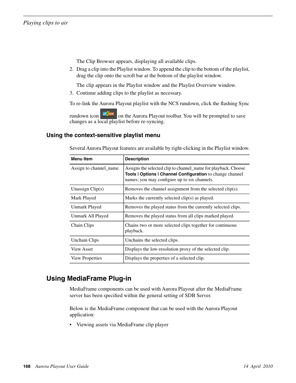 Using the context-sensitive playlist menu, Using mediaframe plug-in | Grass Valley Aurora Playout v.7.0 User Manual | Page 168 / 224