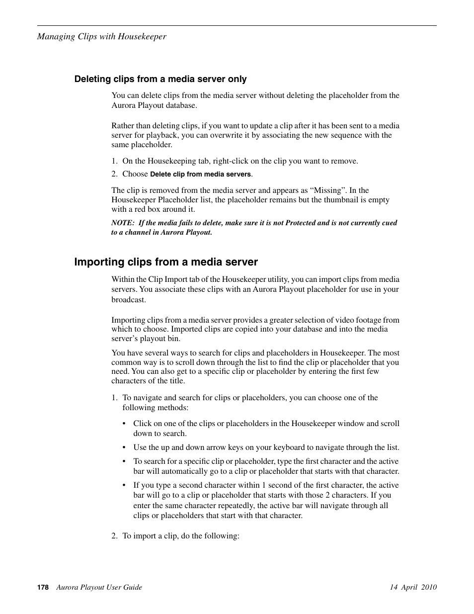 Deleting clips from a media server only, Importing clips from a media server | Grass Valley Aurora Playout v.7.0 User Manual | Page 178 / 224