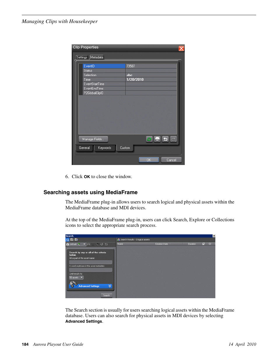 Searching assets using mediaframe | Grass Valley Aurora Playout v.7.0 User Manual | Page 184 / 224