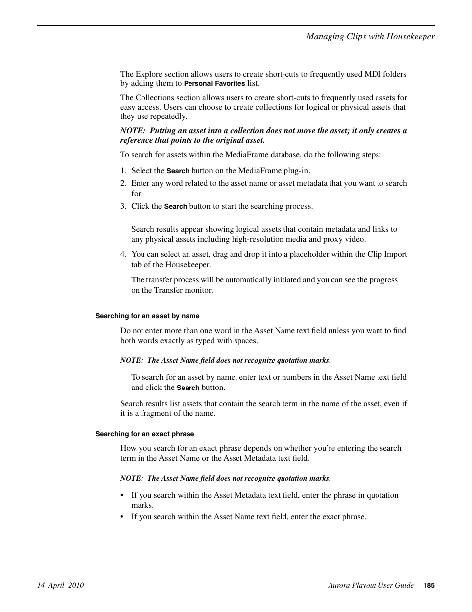 Searching for an asset by name, Searching for an exact phrase | Grass Valley Aurora Playout v.7.0 User Manual | Page 185 / 224