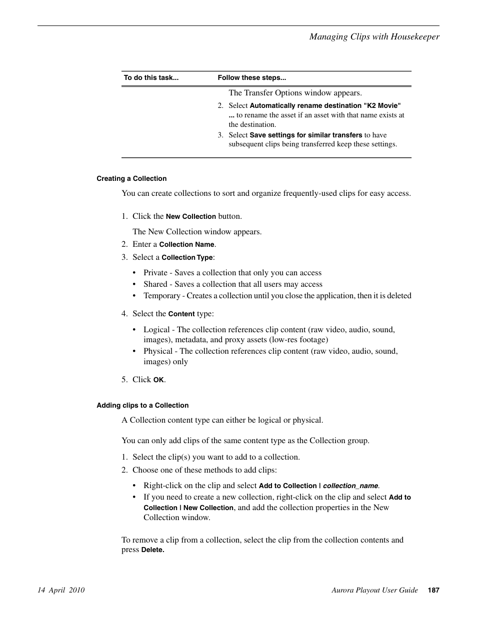 Creating a collection, Adding clips to a collection | Grass Valley Aurora Playout v.7.0 User Manual | Page 187 / 224