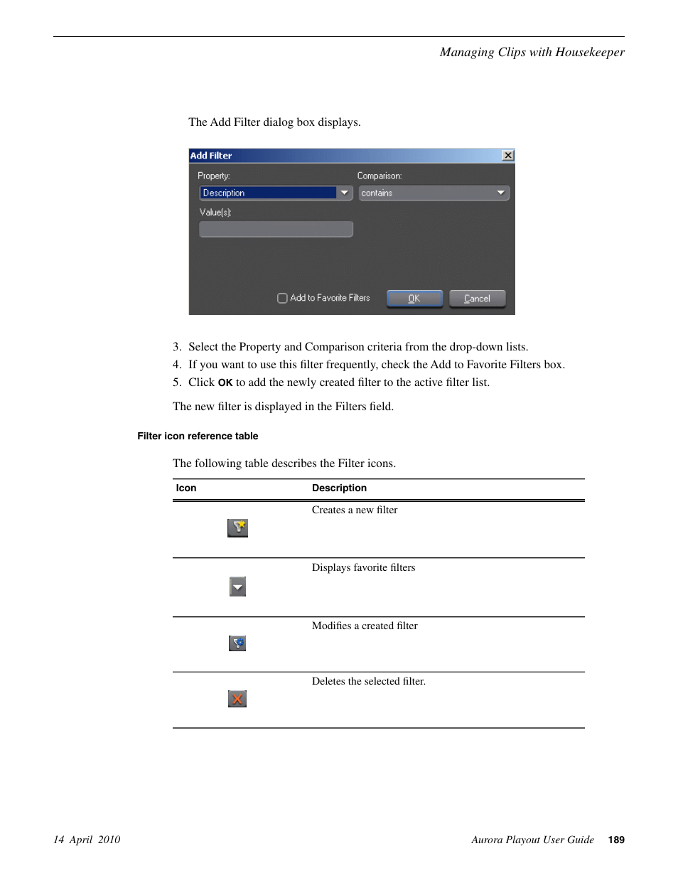 Filter icon reference table | Grass Valley Aurora Playout v.7.0 User Manual | Page 189 / 224