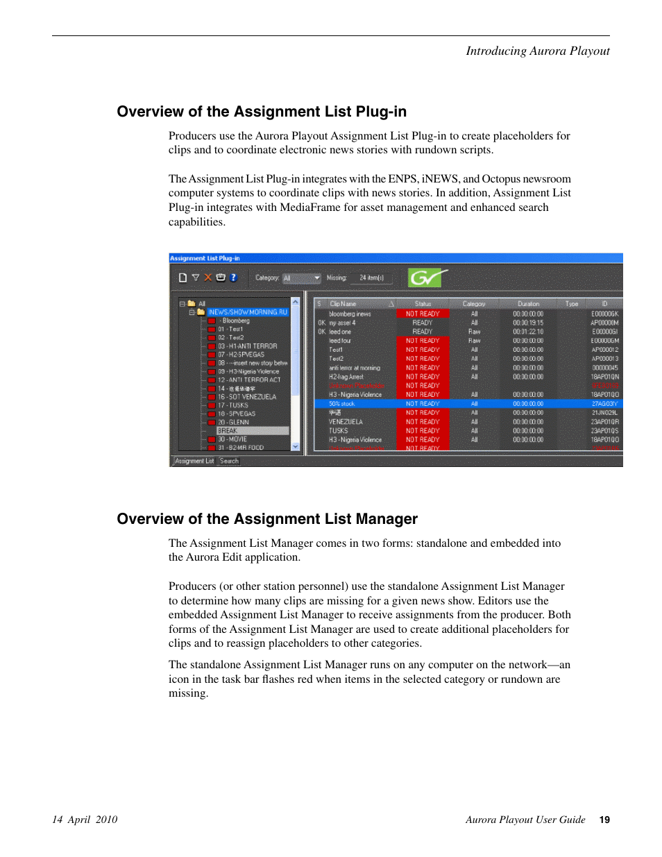 Overview of the assignment list plug-in, Overview of the assignment list manager | Grass Valley Aurora Playout v.7.0 User Manual | Page 19 / 224