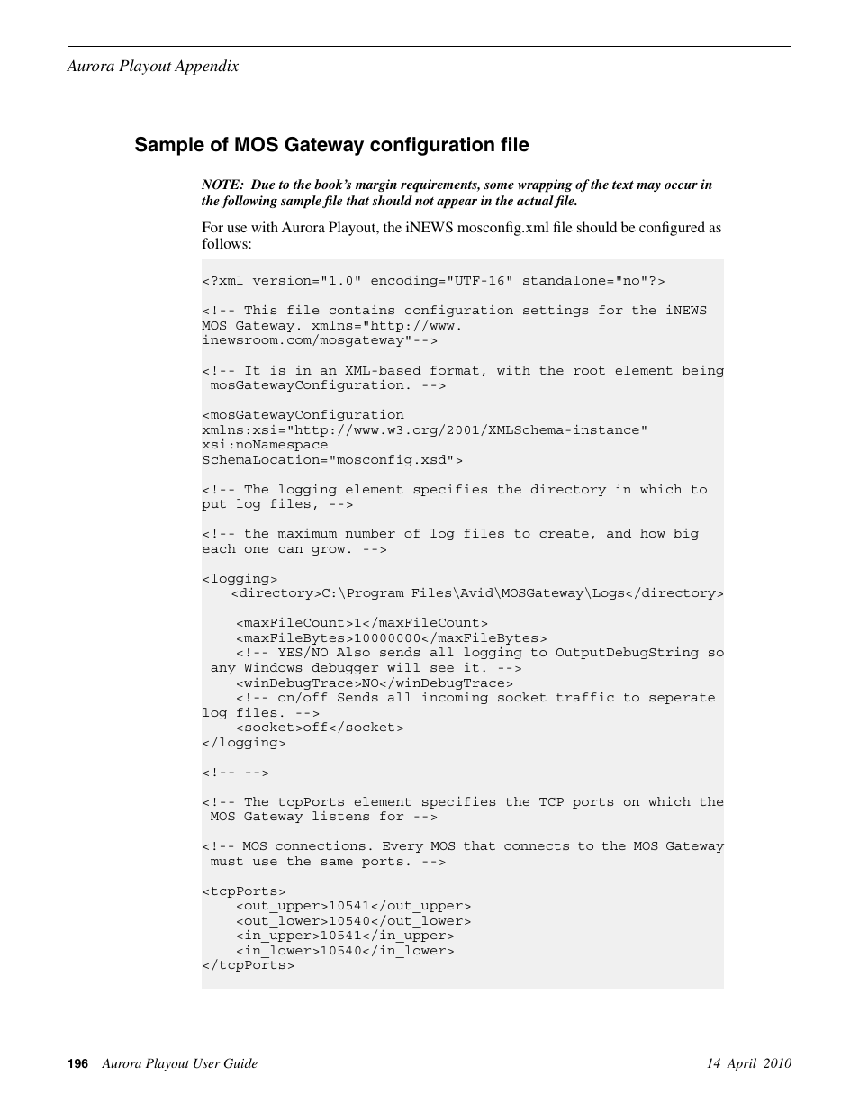 Sample of mos gateway configuration file | Grass Valley Aurora Playout v.7.0 User Manual | Page 196 / 224