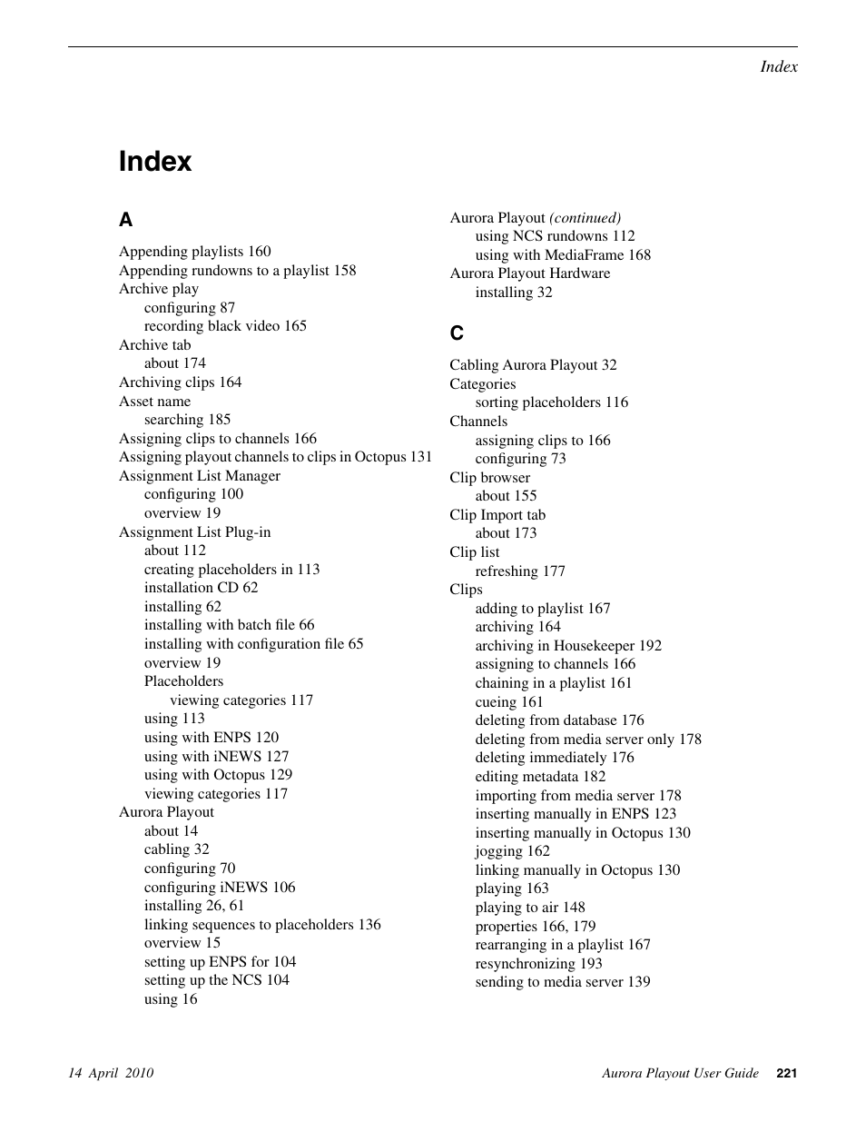 Index | Grass Valley Aurora Playout v.7.0 User Manual | Page 221 / 224