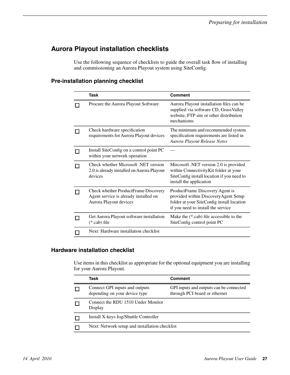 Aurora playout installation checklists, Pre-installation planning checklist, Hardware installation checklist | Grass Valley Aurora Playout v.7.0 User Manual | Page 27 / 224