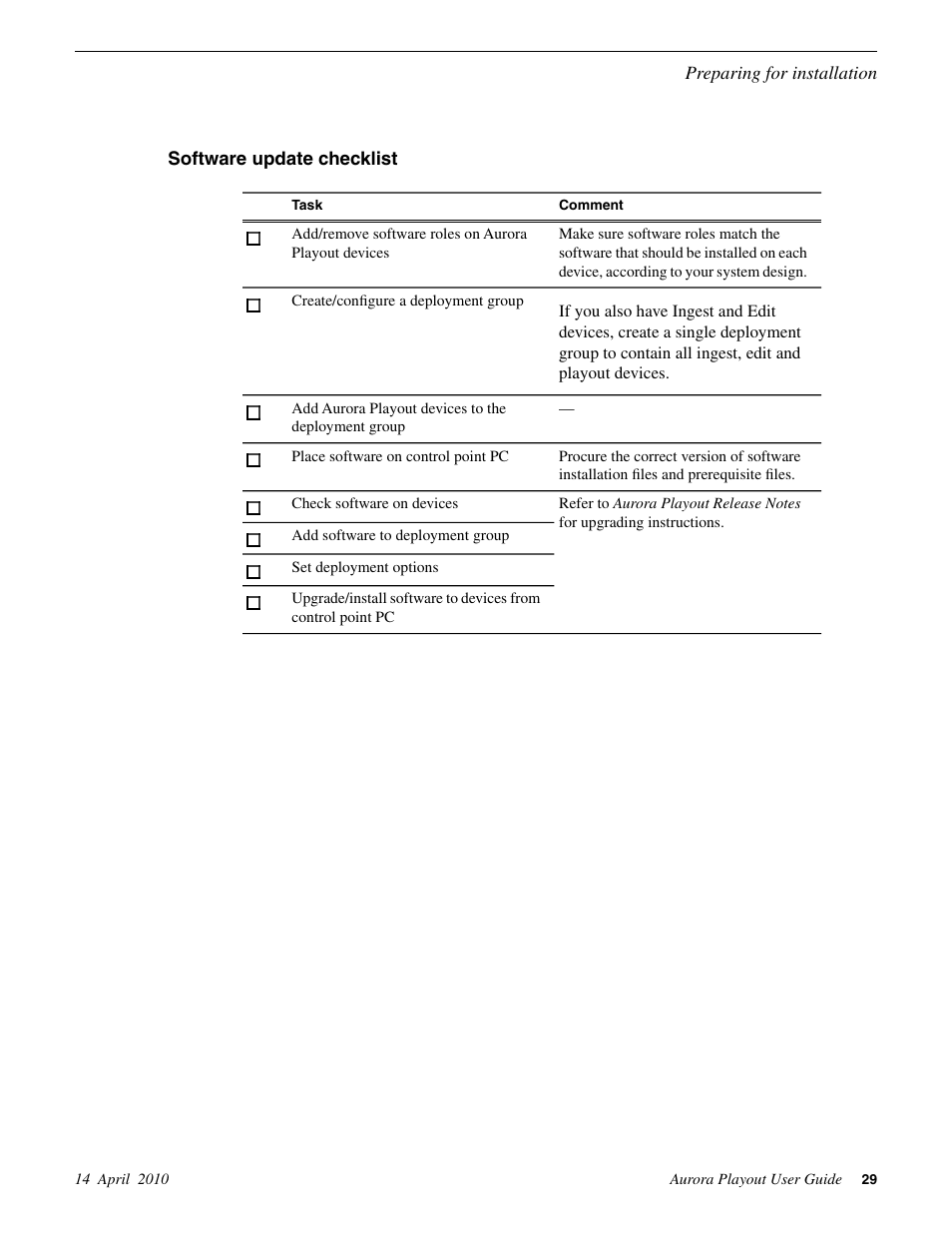 Software update checklist | Grass Valley Aurora Playout v.7.0 User Manual | Page 29 / 224