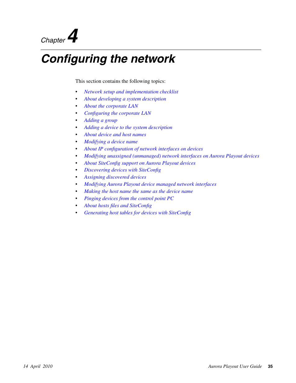 Configuring the network, Chapter 4: configuring the network | Grass Valley Aurora Playout v.7.0 User Manual | Page 35 / 224