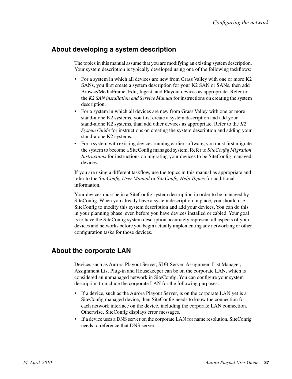 About developing a system description, About the corporate lan | Grass Valley Aurora Playout v.7.0 User Manual | Page 37 / 224