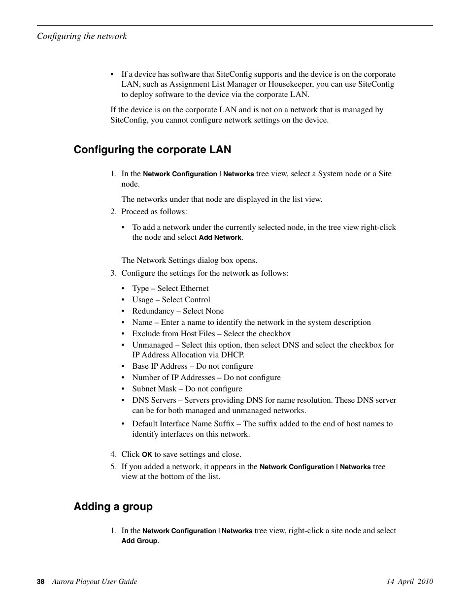 Configuring the corporate lan, Adding a group, Configuring the corporate lan adding a group | Grass Valley Aurora Playout v.7.0 User Manual | Page 38 / 224