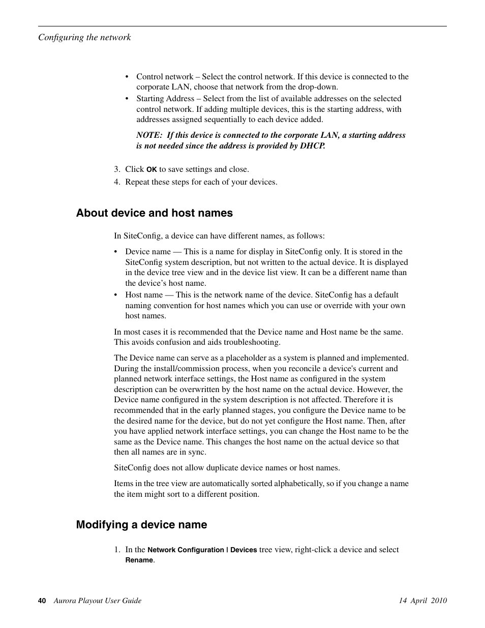 About device and host names, Modifying a device name | Grass Valley Aurora Playout v.7.0 User Manual | Page 40 / 224