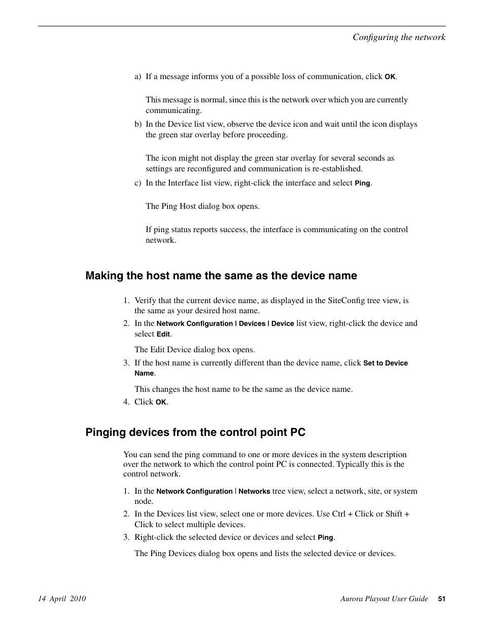 Making the host name the same as the device name, Pinging devices from the control point pc | Grass Valley Aurora Playout v.7.0 User Manual | Page 51 / 224