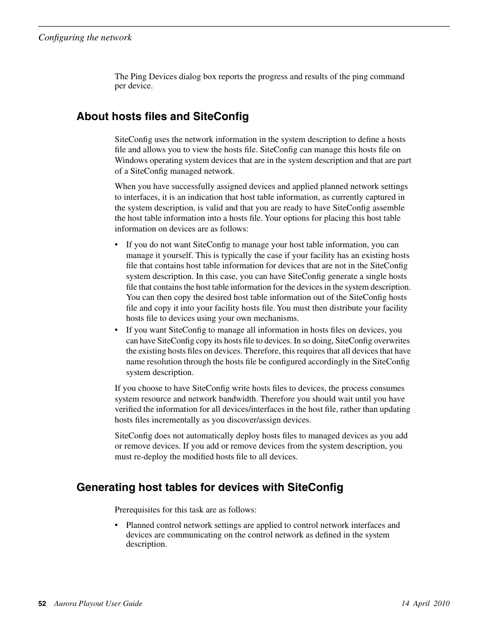 About hosts files and siteconfig, Generating host tables for devices with siteconfig | Grass Valley Aurora Playout v.7.0 User Manual | Page 52 / 224