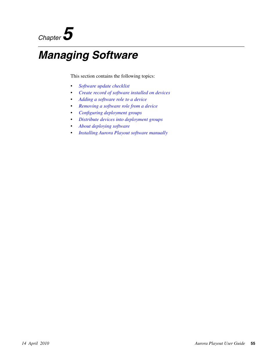 Managing software, Chapter 5: managing software | Grass Valley Aurora Playout v.7.0 User Manual | Page 55 / 224