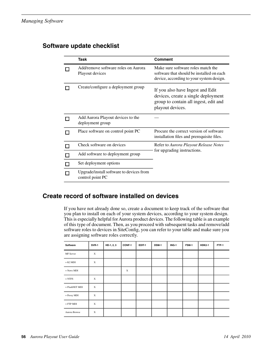 Software update checklist, Create record of software installed on devices, Managing software | Grass Valley Aurora Playout v.7.0 User Manual | Page 56 / 224