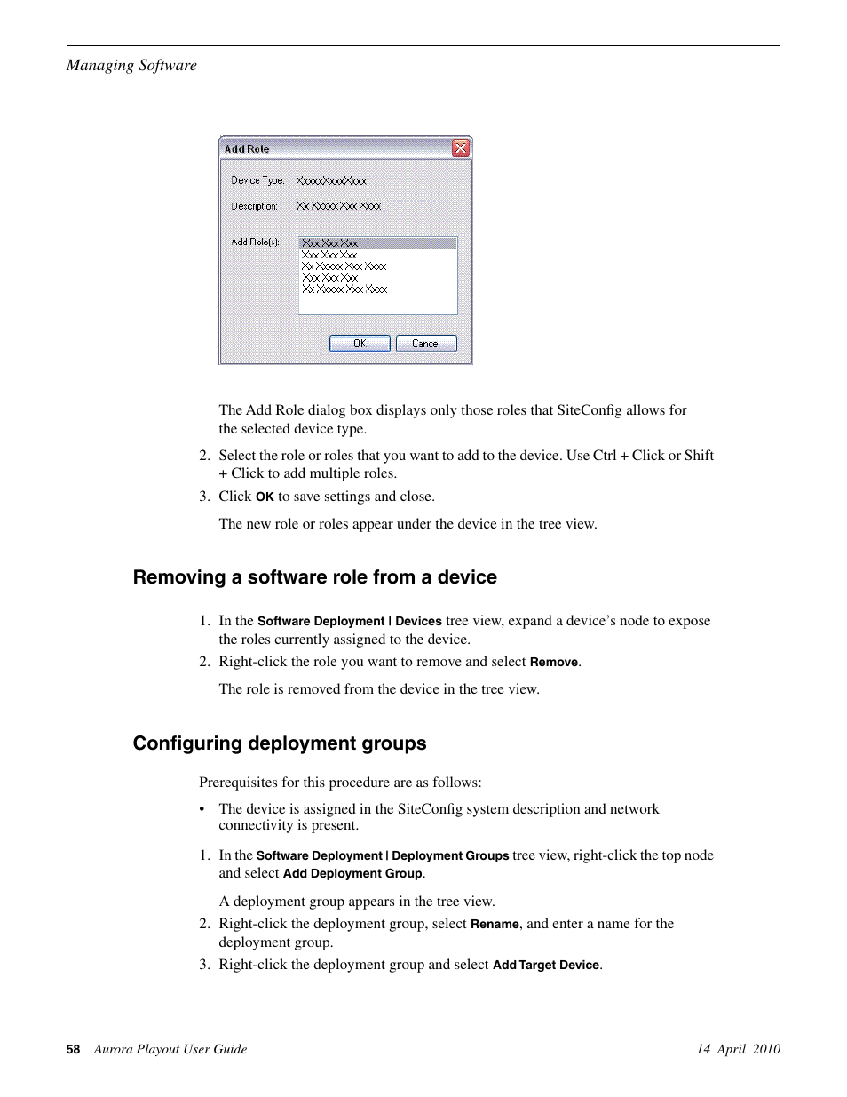 Removing a software role from a device, Configuring deployment groups | Grass Valley Aurora Playout v.7.0 User Manual | Page 58 / 224