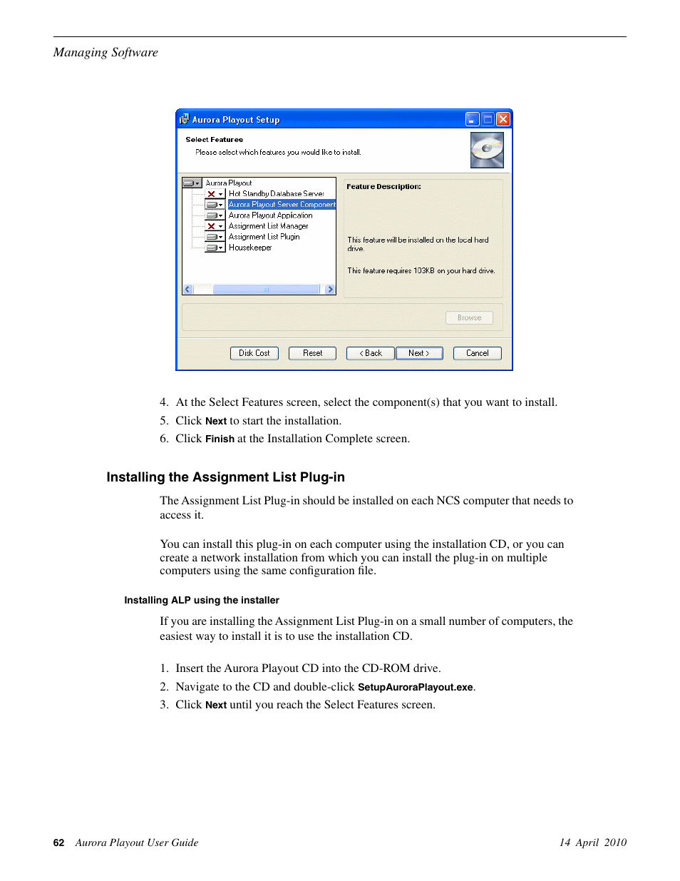 Installing the assignment list plug-in, Installing alp using the installer | Grass Valley Aurora Playout v.7.0 User Manual | Page 62 / 224