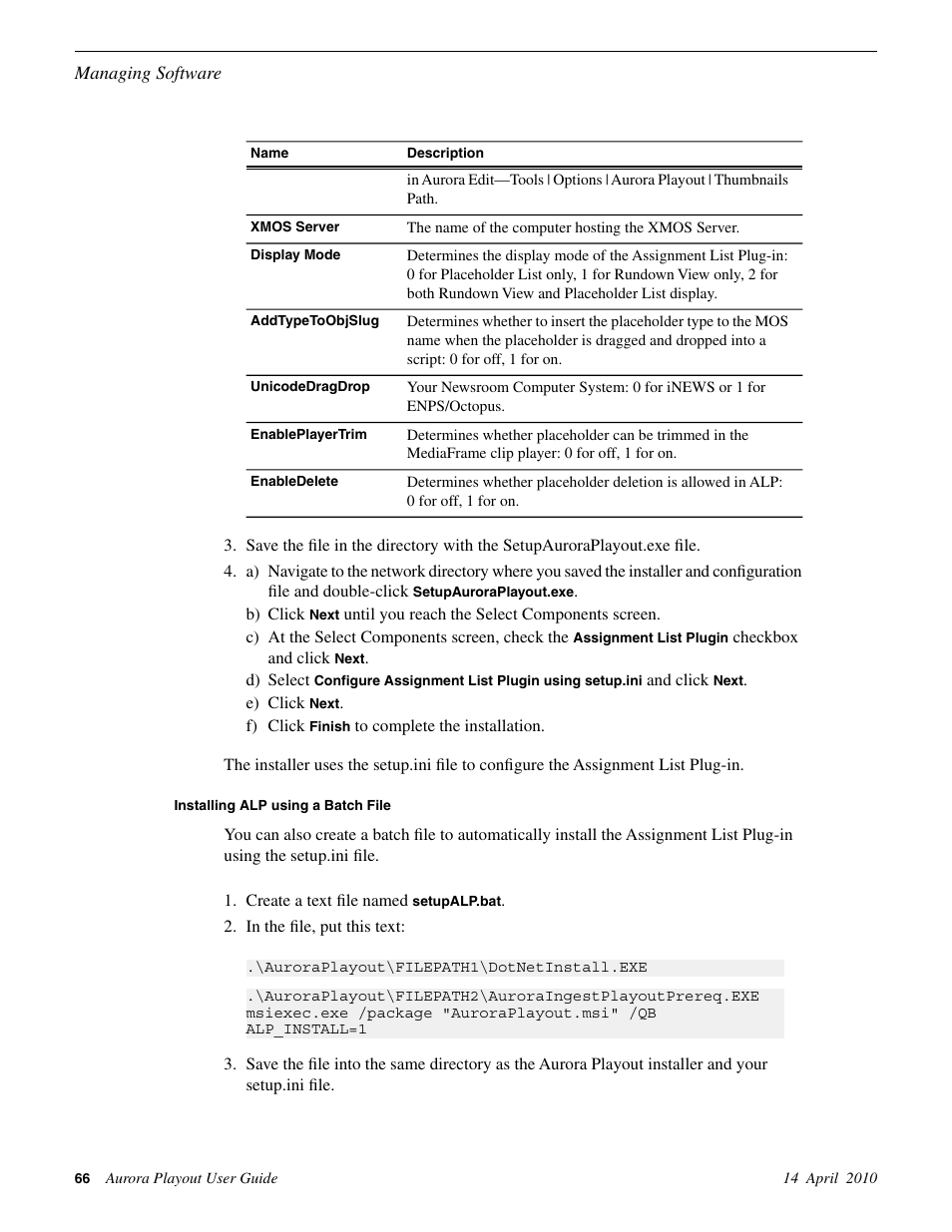 Installing alp using a batch file | Grass Valley Aurora Playout v.7.0 User Manual | Page 66 / 224